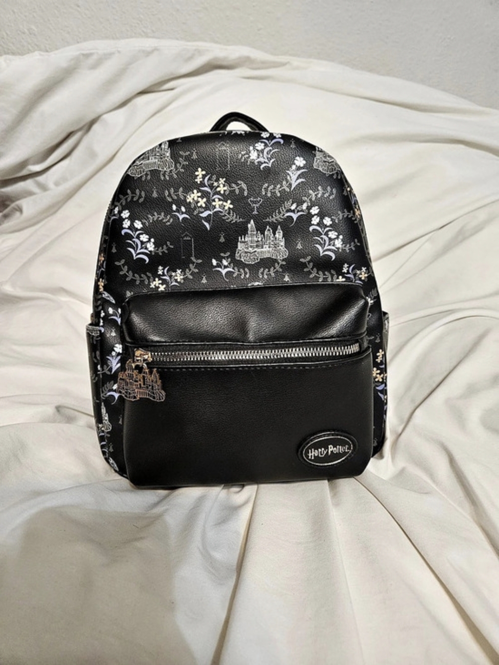 Harry Potter Floral Print Backpack in Black & Blue